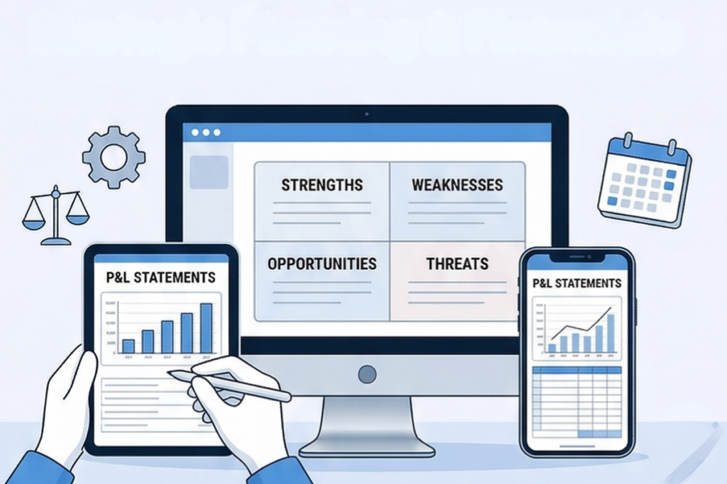 Strategic Business Planning and Financial Analysis Tools with SWOT Matrix.